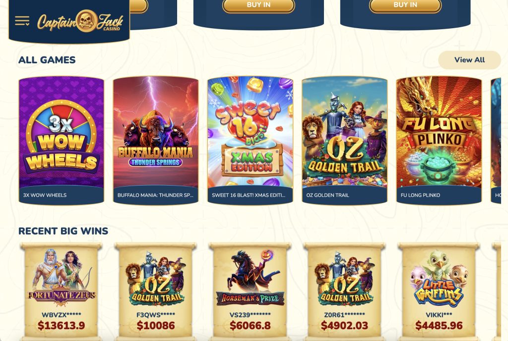 Captain Jack Arizona Online Casino All Games and Recent Big Wins